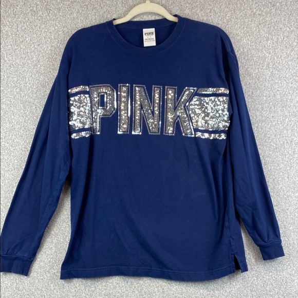 PINK Victoria’s Secret sequin tee navy blue S casual classic leisure Y2K bling - Picture 1 of 9